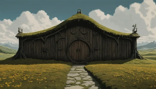 witch's house,little house,lonely house,small house,dandelion hall,straw hut,wooden hut,farm hut,barn,ancient house,house painting,round hut,dandelion field,home landscape,dandelion meadow,the threshold of the house,backgrounds,fairy house,church painting,gable field,Illustration,Japanese style,Japanese Style 08