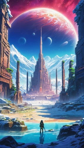 futuristic landscape,alien planet,alien world,cg artwork,valerian,fantasia,atlantis,metropolis,utopian,fantasy city,planet,ancient city,fantasy world,portal,gas planet,planet eart,space art,fantasy landscape,dream world,planet alien sky,Illustration,Japanese style,Japanese Style 03