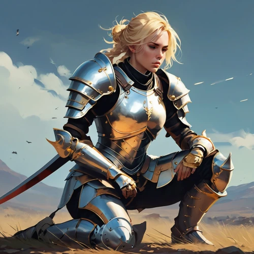 female warrior,joan of arc,paladin,swordswoman,warrior woman,heroic fantasy,cullen skink,knight armor,fantasy warrior,crusader,massively multiplayer online role-playing game,strong woman,knight,strong women,lone warrior,wind warrior,dwarf sundheim,heavy armour,game illustration,armor,Conceptual Art,Fantasy,Fantasy 06