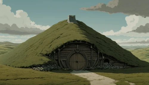 iron age hut,straw hut,round hut,witch's house,ancient house,lonely house,farm hut,little house,grass roof,small house,thatch roof,blockhouse,thatched roof,round house,huts,thatched cottage,gable field,wooden hut,blackhouse,studio ghibli,Illustration,Japanese style,Japanese Style 08