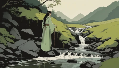 mountain spring,a small waterfall,waterfall,ash falls,mountain stream,brown waterfall,green waterfall,waterfalls,water falls,water fall,wasserfall,brook landscape,bridal veil fall,fetching water,travel poster,falls,cascade,the brook,streams,cascades,Illustration,Japanese style,Japanese Style 08
