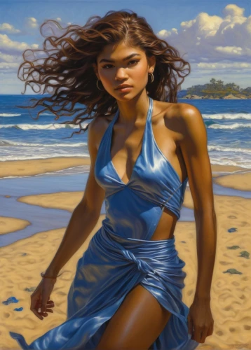 beach background,girl on the dune,beach landscape,beach scenery,polynesian girl,sea breeze,oil painting,walk on the beach,fantasy art,blue enchantress,blue painting,world digital painting,sea beach-marigold,sea-shore,the sea maid,oil painting on canvas,beautiful beach,girl on the river,blue waters,golden sands,Illustration,Realistic Fantasy,Realistic Fantasy 03