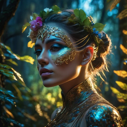 faery,faerie,fantasy portrait,dryad,mystical portrait of a girl,fae,the enchantress,fairy queen,fantasy art,girl in a wreath,fantasy woman,enchanted,masquerade,elven,fairy peacock,golden wreath,3d fantasy,natural cosmetic,golden mask,fantasy picture,Photography,Artistic Photography,Artistic Photography 08