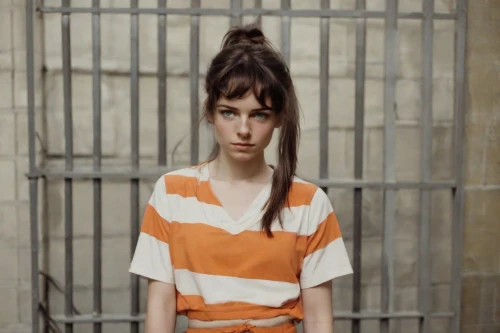 prisoner,feist,burglary,detention,horizontal stripes,isolated t-shirt,bad girl,prison,handcuffed,criminal,theft,video scene,offenses,photo session in torn clothes,poor meadow,in custody,orange,tisci,tiger lily,liberty cotton,Photography,Natural