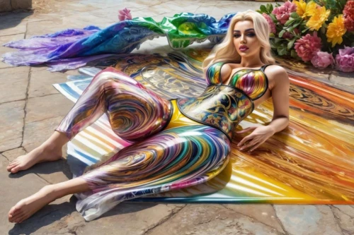 prismatic,fabulous,multi coloured,colorful,fallen colorful,multi color,popart,art model,tie dye,cocktail dress,long dress,bodypaint,multi-colored,multi colored,multi-color,colorful floral,dress to the floor,floral chair,art,bodypainting