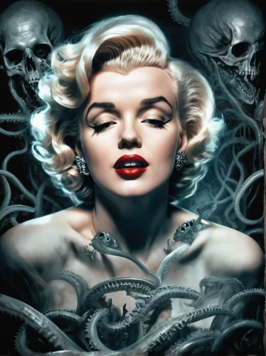 marylyn monroe - female,marylin monroe,marilyn,skull bones,poison,madonna,scull,pin ups,dark art,widow spider,vampira,femme fatale,atomic age,skulls and,sci fiction illustration,dance of death,poisonous,evil woman,harley,pin up,Photography,Artistic Photography,Artistic Photography 07