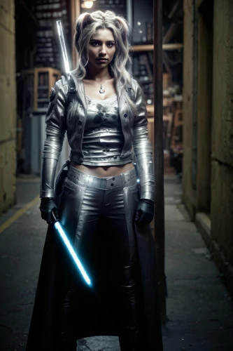 female warrior,swordswoman,cosplay image,katana,silver arrow,jedi,dark elf,digital compositing,warrior woman,lightsaber,strong woman,silver,femme fatale,princess leia,joan of arc,huntress,lady honor,force,strong women,cosplayer