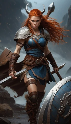 female warrior,warrior woman,norse,strong woman,joan of arc,viking,massively multiplayer online role-playing game,strong women,heroic fantasy,fantasy warrior,barbarian,celtic queen,huntress,paladin,dane axe,dwarf sundheim,wind warrior,swordswoman,eufiliya,lone warrior,Illustration,Realistic Fantasy,Realistic Fantasy 03