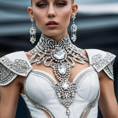 bridal jewelry,bridal clothing,jewelry（architecture）,bridal accessory,embellished,jeweled,body jewelry,bridal dress,jewelry,filigree,jewellery,bodice,bridal,openwork,jewels,breastplate,gothic fashion,collar,pearl necklace,jewelery,Photography,General,Realistic