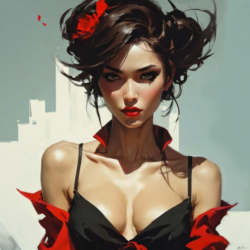 queen of hearts,geisha girl,red bow,scarlet witch,vampire lady,red petals,red ribbon,geisha,lady in red,vampire woman,red carnation,red rose,rouge,red flower,fantasy portrait,red roses,femme fatale,valentine pin up,valentine day's pin up,masquerade,Conceptual Art,Fantasy,Fantasy 06