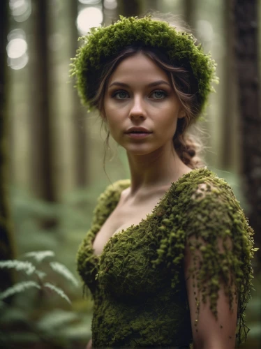 dryad,faery,fae,faerie,girl in a wreath,the enchantress,mother nature,celtic queen,green dress,digital compositing,poison ivy,green wreath,fantasy portrait,fairy peacock,ivy,girl with tree,anahata,marie leaf,elven flower,ferns,Photography,General,Cinematic