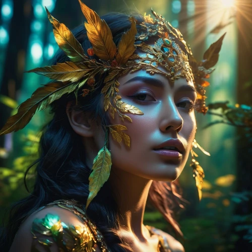 fantasy portrait,faery,faerie,pocahontas,dryad,fantasy art,polynesian girl,mystical portrait of a girl,the enchantress,yellow crown amazon,tiger lily,fairy queen,warrior woman,fantasy picture,headdress,fantasy woman,cleopatra,pachamama,laurel wreath,elven,Photography,Artistic Photography,Artistic Photography 08