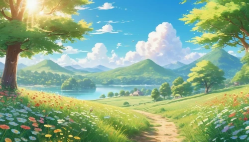 landscape background,meadow landscape,springtime background,spring background,blooming field,summer meadow,meadow in pastel,clover meadow,cartoon video game background,beautiful landscape,mountain meadow,flower field,summer background,meadow and forest,summer day,beauty scene,idyllic,forest background,nature landscape,french digital background,Illustration,Japanese style,Japanese Style 01