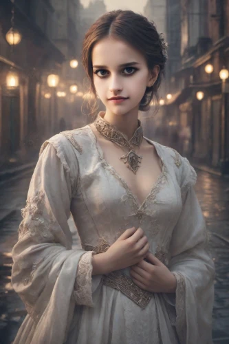 victorian lady,girl in a historic way,mystical portrait of a girl,gothic portrait,romantic portrait,victorian style,girl in a long dress,vampire woman,fairy tale character,fantasy portrait,romantic look,vampire lady,gothic woman,fantasy picture,cinderella,the victorian era,gothic fashion,the girl in nightie,a charming woman,bridal clothing,Photography,Realistic