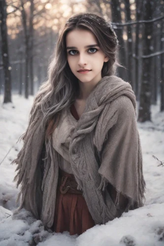 the snow queen,winterblueher,winter background,pale,wood elf,fae,elven,mystical portrait of a girl,winter dress,winter magic,snow white,snow angel,winter dream,white rose snow queen,in the snow,scarf,eskimo,violet head elf,elf,in the winter,Photography,Realistic