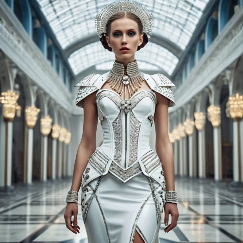 jewelry（architecture）,imperial,art deco,harnessed,imperial coat,bridal clothing,ice queen,neoclassic,neoclassical,imperial crown,white gold,metropolis,queen cage,embellished,bodice,cinderella,biomechanical,latex clothing,art deco woman,priestess,Photography,General,Realistic