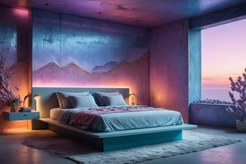 sleeping room,bedroom,great room,modern room,modern decor,purple landscape,guest room,3d background,canopy bed,sky apartment,interior design,wall,children's bedroom,abandoned room,wall decor,color wall,contemporary decor,wall lamp,guestroom,blue room,Photography,General,Fantasy