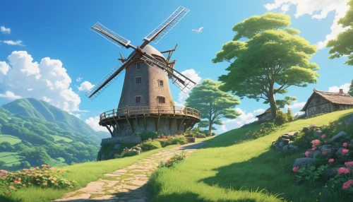 the windmills,windmill,windmills,studio ghibli,old windmill,dutch windmill,fairy chimney,wind mill,wind mills,historic windmill,dutch mill,windmill gard,home landscape,idyll,landscape background,knight village,heidi country,idyllic,hamelin,rural landscape,Photography,General,Realistic