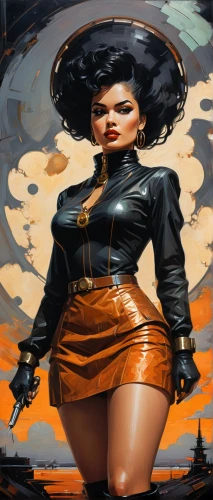 rosa ' amber cover,transistor,cigarette girl,femme fatale,rockabella,black jane doe,atomic bomb,tura satana,world digital painting,pin ups,latex,atomic age,bad girl,thick paint,sci fiction illustration,girl with a gun,gunfighter,rust-orange,meticulous painting,pin up girl