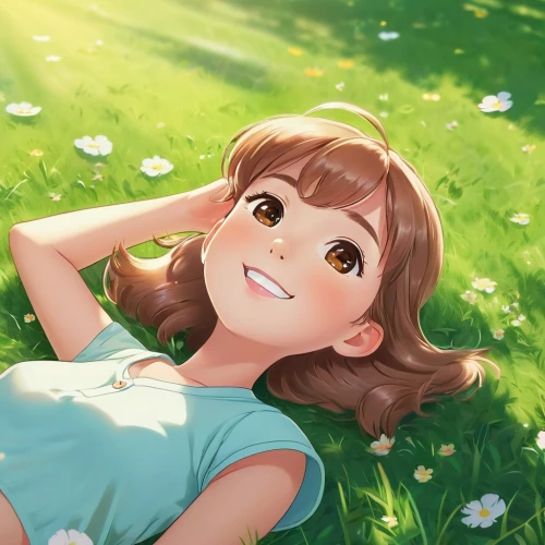 girl lying on the grass,on the grass,grass blossom,lying down,blooming grass,girl in flowers,blooming field,mikuru asahina,a girl's smile,miku maekawa,spring background,summer day,flower background,relaxed young girl,falling flowers,summer flower,girl picking flowers,summer bloom,springtime background,green summer,Illustration,Japanese style,Japanese Style 01