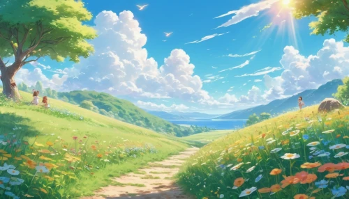 landscape background,blooming field,springtime background,spring background,summer day,summer meadow,flower field,summer background,meadow landscape,dandelion field,dandelion meadow,spring sun,field of flowers,meadow in pastel,a beautiful day,spring morning,sea of flowers,pathway,clover meadow,flowers field,Illustration,Japanese style,Japanese Style 01