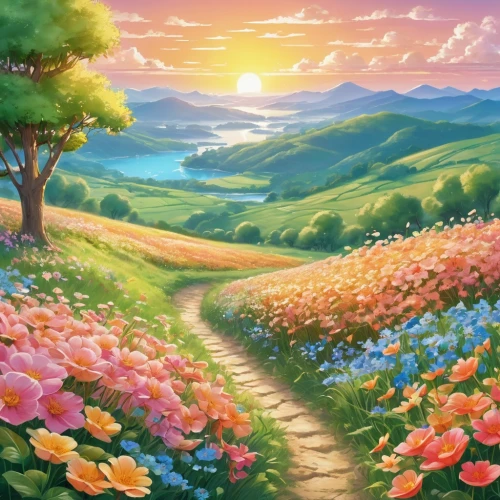 flower field,blooming field,meadow in pastel,landscape background,field of flowers,tulip field,springtime background,flowers field,flower background,spring background,flower painting,sea of flowers,tulips field,blanket of flowers,flower garden,flower meadow,splendor of flowers,meadow landscape,tulip fields,tulip festival,Illustration,Japanese style,Japanese Style 01