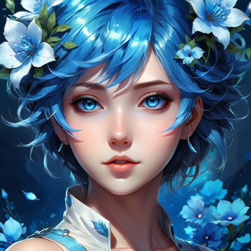 myosotis,blue chrysanthemum,blue petals,blue hydrangea,forget-me-not,blue flower,forget-me-nots,blue rose,blue daisies,blue flowers,jasmine blue,flora,flower fairy,camellia,blue painting,forget me nots,fantasy portrait,hydrangea,hydrangeas,blue anemone,Illustration,Realistic Fantasy,Realistic Fantasy 01