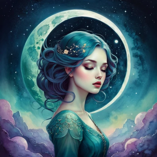 blue moon rose,fantasy portrait,queen of the night,zodiac sign libra,moonflower,mystical portrait of a girl,moonbeam,blue enchantress,luna,the enchantress,fairy queen,blue moon,horoscope libra,moon phase,fantasy art,the zodiac sign pisces,celestial body,zodiac sign gemini,faery,rosa 'the fairy,Illustration,Realistic Fantasy,Realistic Fantasy 15