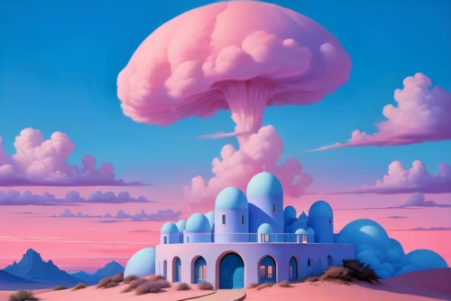 mushroom island,mushroom landscape,cloud mushroom,mushroom cloud,temples,cloud towers,futuristic landscape,atomic bomb,whipped cream castle,fairy chimney,fantasy landscape,citadel,panoramical,clouds - sky,fantasy world,utopian,floating island,fantasy city,thundercloud,blue mushroom