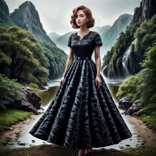 gothic dress,hoopskirt,evening dress,girl in a long dress,ball gown,girl on the river,fantasy picture,overskirt,vintage dress,celtic queen,elegant,princess anna,vanity fair,world digital painting,elegance,enchanting,lotte,maureen o'hara - female,gothic fashion,long dress