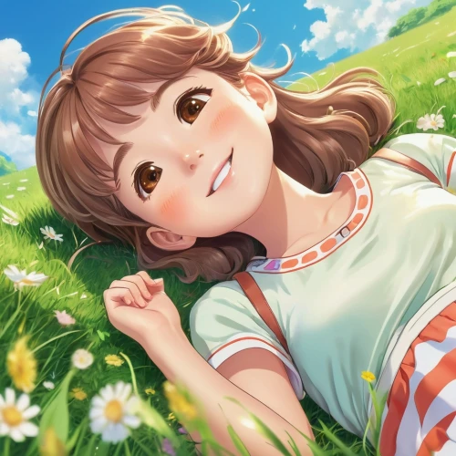 spring background,springtime background,flower background,field of flowers,mikuru asahina,girl lying on the grass,girl in flowers,sea of flowers,clover meadow,blooming field,meadow daisy,blanket of flowers,blooming grass,floral background,flower field,on the grass,portrait background,grass blossom,dandelion field,picking flowers,Illustration,Japanese style,Japanese Style 01