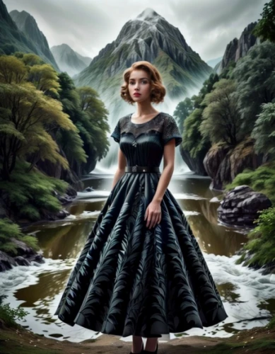 fantasy picture,the blonde in the river,world digital painting,hoopskirt,fantasy portrait,celtic queen,girl on the river,girl in a long dress,mystical portrait of a girl,fantasy art,gothic portrait,fairy tale character,digital compositing,gothic dress,princess anna,overskirt,a fairy tale,sound of music,celtic woman,cinderella
