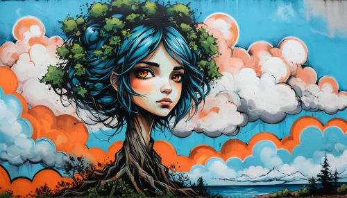 girl with tree,mural,graffiti art,streetart,grafitti,grafiti,urban street art,graffiti,street art,flora,urban art,wall painting,grafitty,girl in flowers,mother earth,painted wall,painted tree,mother nature,wall art,smoke art,Illustration,Realistic Fantasy,Realistic Fantasy 23