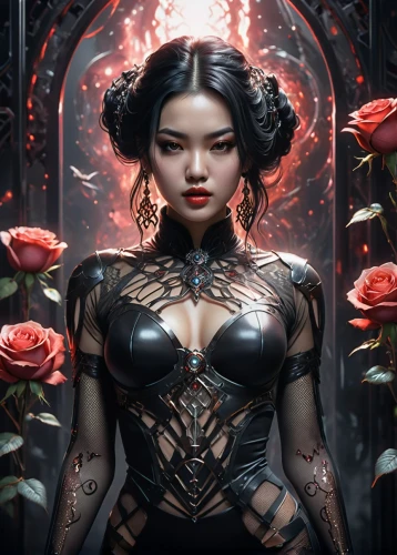 rosa ' amber cover,black rose,fantasy portrait,widow flower,black rose hip,mulan,katana,rosa,rose bloom,fantasy art,way of the roses,geisha,rose flower illustration,sacred lotus,neo-burlesque,noble roses,fantasy woman,oriental princess,the enchantress,red lantern,Photography,General,Sci-Fi