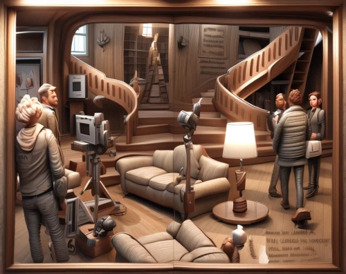 sci fiction illustration,doll house,escher,winding staircase,wood mirror,outside staircase,optical ilusion,celtic harp,shared apartment,an apartment,doll's house,dollhouse,dolls houses,panopticon,staircase,interiors,circular staircase,stairwell,surrealism,woodwork
