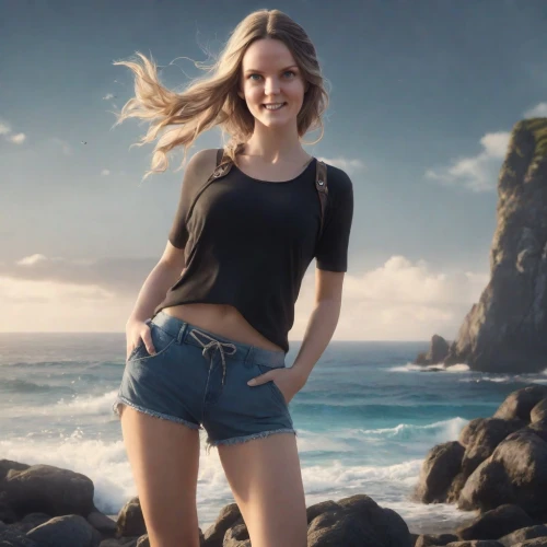 jean shorts,in shorts,bermuda shorts,shorts,skort,active shorts,beach background,malibu,denim skirt,jeans background,skirt,commercial,jeans,blue jeans,high jeans,rock beauty,black skirt,cycling shorts,digital compositing,in a shirt,Photography,Commercial