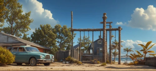 popeye village,drive in restaurant,bogart village,wild west hotel,seaside country,house trailer,fallout4,seaside resort,madagascar,rust truck,south seas,gas-station,pinewood,e-gas station,roadside,homestead,rural,resort town,drive-in theater,western,Photography,General,Fantasy