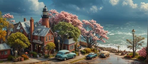 seaside resort,seaside country,fishing village,home landscape,aurora village,house by the water,resort town,fantasy landscape,waterfront,the waterfront,children's background,cartoon video game background,springtime background,world digital painting,fantasy picture,fisherman's house,frederic church,coastal landscape,an island far away landscape,harbor,Photography,General,Fantasy