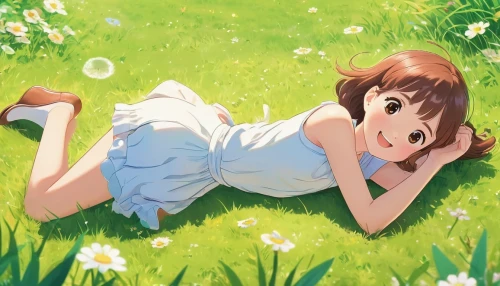 girl lying on the grass,on the grass,blooming grass,lying down,grass blossom,yui hirasawa k-on,falling flowers,blooming field,field of flowers,euphonium,sea of flowers,spring background,meadow daisy,in the tall grass,summer flower,summer meadow,flower background,miku maekawa,flower field,summer day,Illustration,Japanese style,Japanese Style 01