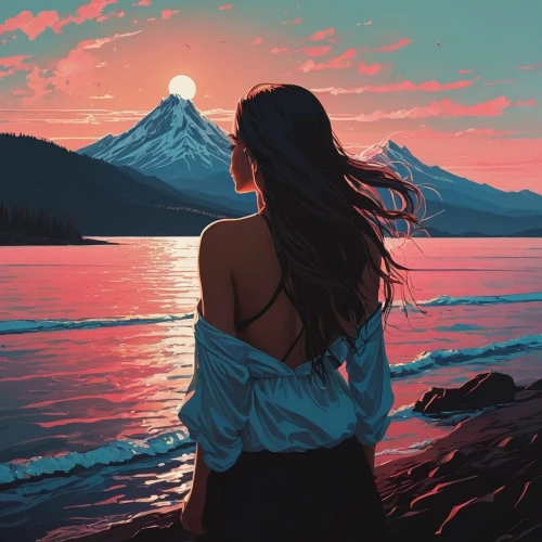 mountain sunrise,world digital painting,landscape background,digital painting,sunset glow,alpine sunset,sunset,digital art,mountain and sea,creative background,summer evening,girl on the river,on a red background,painting technique,coast sunset,dusk,evening lake,the horizon,alaska,montana,Conceptual Art,Fantasy,Fantasy 32