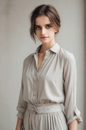 menswear for women,daisy jazz isobel ridley,women clothes,women's clothing,woman in menswear,romantic look,female model,women fashion,pantsuit,bolero jacket,one-piece garment,social,liberty cotton,brown fabric,khaki,in a shirt,orla,felicity jones,portrait photography,blouse,Photography,Realistic