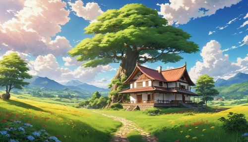 studio ghibli,home landscape,house in the forest,landscape background,lonely house,violet evergarden,little house,house in mountains,house in the mountains,roof landscape,dandelion hall,idyllic,tree house,beautiful home,meadow landscape,background images,meteora,mountain scene,house silhouette,ancient house,Photography,General,Realistic