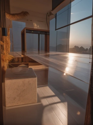 penthouse apartment,morning light,3d rendering,3d render,tatami,glass window,morning sun,sky apartment,3d rendered,render,cubic house,sun reflection,luxury bathroom,dunes house,window covering,golden light,loft,glass blocks,window view,polished granite,Photography,General,Natural