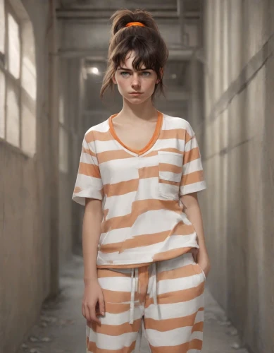 prisoner,horizontal stripes,prison,arbitrary confinement,stripped leggings,stop children suicide,children is clothing,girl in t-shirt,isolated t-shirt,clementine,child girl,unhappy child,photos of children,captivity,detention,jumpsuit,in custody,striped background,digital compositing,stripes,Photography,Natural