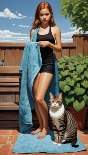 girl with cloth,female swimmer,beach towel,kitchen towel,swimmer,girl sitting,red tabby,oil painting,oil painting on canvas,woman sitting,domestic cat,girl with dog,american wirehair,domestic animal,tankini,towel,girl with cereal bowl,tabby cat,guest towel,american bobtail,Illustration,American Style,American Style 08