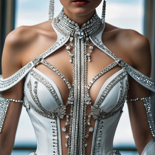 bodice,corset,embellished,harnessed,breastplate,pearl necklace,bridal clothing,bridal dress,jeweled,bodysuit,white silk,beaded,pearls,embellishments,love pearls,rhinestones,body jewelry,latex clothing,haute couture,harness,Photography,General,Realistic