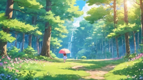 forest path,forest walk,forest background,forest,in the forest,fairy forest,spring background,springtime background,forest of dreams,the forest,forest glade,forest road,blooming field,stroll,forest landscape,forest floor,meadow and forest,violet evergarden,studio ghibli,clover meadow,Illustration,Japanese style,Japanese Style 01