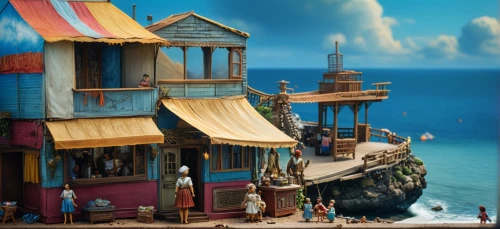 popeye village,pirate ship,sea fantasy,stilt houses,house of the sea,galleon ship,3d fantasy,caravel,monkey island,galleon,seaside resort,fantasy world,playmobil,cube stilt houses,floating huts,aladdin,aladha,tokyo disneysea,aladin,elves flight,Photography,General,Fantasy