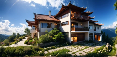 asian architecture,house in mountains,bhutan,house in the mountains,chinese architecture,nepal,chalet,holiday villa,wooden house,tigers nest,luxury property,beautiful home,yunnan,roof landscape,eco hotel,himalayan,traditional house,timber house,buddhist temple,bendemeer estates,Photography,General,Realistic