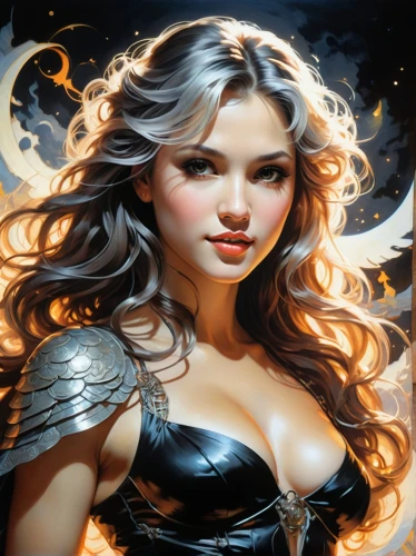 fantasy woman,sorceress,fantasy art,fantasy portrait,the enchantress,fantasy picture,heroic fantasy,celtic woman,mystical portrait of a girl,fire angel,fantasy girl,scarlet witch,fiery,flame spirit,celtic queen,fire heart,female warrior,burning hair,queen of the night,fire siren,Illustration,Retro,Retro 01